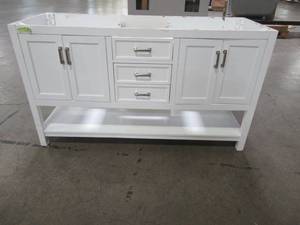 lot 105 image: Home Decorators Collection Everett 60 in. W x 22 in. D Vanity Cabinet in White EEWVT6122D - No Top, Damage on RH side inside cabinet.