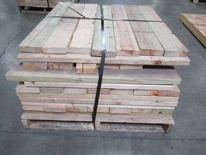 lot 95 image: WHOLESALE MIXED PALLET OF Approximately 77 PCS OF 38 14 x 5 12 x 1 12 WOOD PLANKS USED FOR 42 PALLET RACKING SUPPORT Use for many projects.