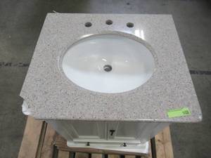 lot 304 image: Home Decorators Collection Newport 25 in. W x 21-12 in. D Bath Vanity in Ivory with Granite Vanity Top in Champagne 9085-VS25L-DW
