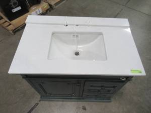 lot 306 image: Home Decorators Collection Cailla 37 in. W x 22 in. D Vanity in Distressed Blue Fog with Engineered Marble Vanity Top in Snowstorm with White Sink CKBV3622D-SST