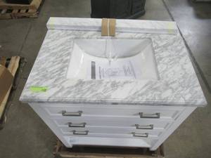 lot 307 image: Home Decorators Collection Everett 31 in. W x 22 in. D Vanity Cabinet in White with Carrara Marble Vanity Top in White with White Basin EEWVT3122D
