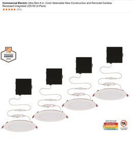 COMMERCIAL ELECTRIC ULTRA SLIM 6 IN. COLOR SELECTABLE NEW CONSTRUCTION OR REMODEL CANLESS RECESSED INTEGRATED LED KIT (4-PACK). SEE PICTURES