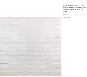 CIFRE GROUP STRAIT WHITE 3 IN. X 12 IN. MATTE CERAMIC SUBWAY WALL TILE (22 PIECE 5.38 SQ. FT. BOX). SEE PICTURES
