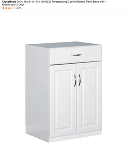 lot 11 image: CLOSETMAID 36 IN. H X 24 IN. W X 18.625 D FREESTANDING CABINET RAISED PANEL BASE WITH 1-DRAWER AND 2-DOOR. SEE PICTURES