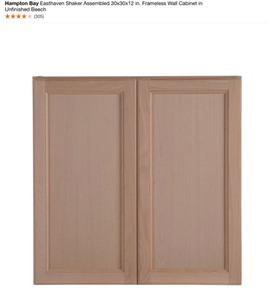 lot 27 image: HAMPTON BAY EASTHAVEN SHAKER ASSEMBLED 30x30x12in FRAMELESS WALL CABINET & 36x12x12 FRAMELESS WALL CABINET BOTH IN UNFINISHED BEECH