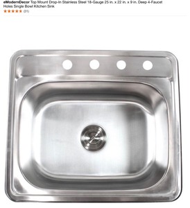 lot 66 image: eMODERNDECOR Top Mount Drop-In Stainless Steel 18-Gauge 25 in. x 22 in. x 9 in. Deep 4-Faucet Holes Single Bowl Kitchen Sink