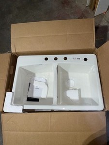 lot 39 image: KOHLER BROOKFIELD DROP-IN CAST IRON 33 IN. 4-HOLE DOUBLE BOWL KITCHEN SINK IN WHITE. SEE PICTURES