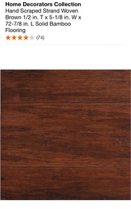 lot 99 image: HOME DECORATORS COLLECTION HAND SCRAPED STRAND WOVEN BROWN 12 IN. T X 5-18 IN. W X 72-78 IN. L SOLID BAMBOO FLOORING. SEE PICTURES