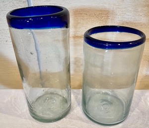 lot 166 image: Cobalt Blue Rimmed Glassware- Hand Blown Tumblers