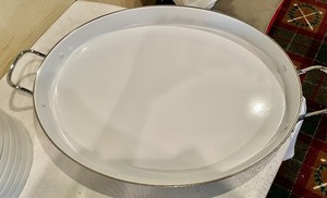 lot 186 image: Large Pottery Barn Metal Trays and a Crate and Barrel Strainer Pot