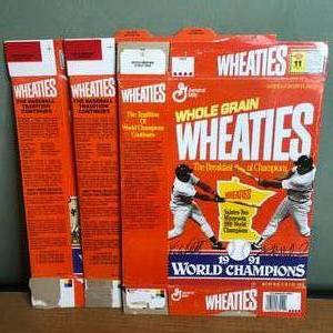 lot 141 image: Minnesota Twins Collectibles-General Mills 1991 Minnesota Twins World Champions Kirby Puckett Hrbek Wheaties Box and More