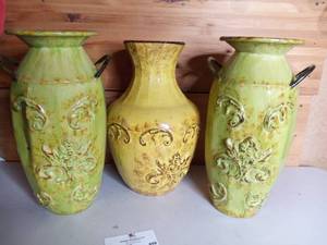 lot 449 image: 3 Green Design Carved Vases