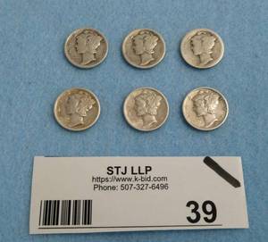 Six Liberty head Dimes 1940, 1942, 1929, 1943, 1944, 1941