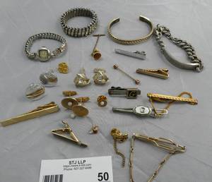 Group of mens tie clasps and tacks, cufflinks, watch and stretchy rhinestone bracelet