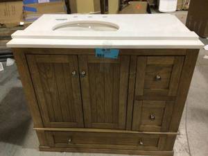 Dorel Living Tehila 36 in. Natural Rustic Bathroom Vanity with White Composite Granite Vanity Top, Ceramic Oval Sink and Backsplash (damaged) (see all pictures)