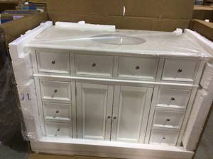 Home Decorator Hampton Harbor 44 in. W x 22 in. D Bath Vanity in White with Natural Marble Vanity Top in White (in good condition)