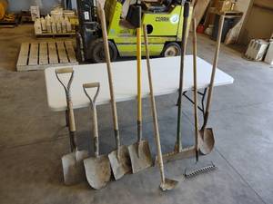 lot 599 image: Assorted Shovels, Scraper, Rake, & ...