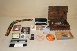 lot 149 image: Wood Trinket Box, Pen Sets, Arrowheads, Boomerang