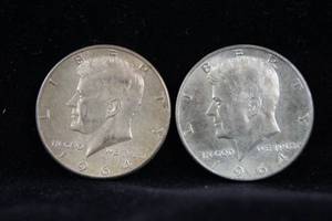 lot 14 image: 2 1964 Kennedy Silver Half Dollar Coins
