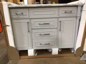 Home Decorators Aberdeen 48 in. W x 22 in. D Vanity in Dove Grey with Carrara Marble Top with White Sink in good condition see pictures
