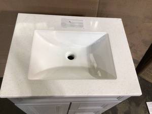 Home decorators Sedgewood 24-12 in. Configurable Bath Vanity in Dove Gray with Solid Surface Top in Arctic with White Sink not used see pictures