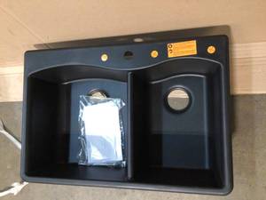 Kholer Kennon Drop-In Neoroc Granite Composite 33 in. 1-Hole Double Bowl Kitchen Sink in Matte Black not used see pictures
