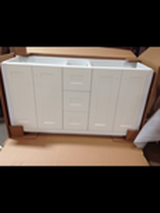 Home Decorators Hawthorne 60 in. W x 21-34 in. D Double Bowl Vanity Cabinet in Linen White not used see pictures