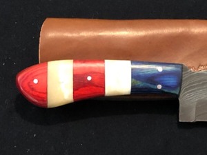 lot 10 image: Custom Red White and Blue Damascus Steel Knife
