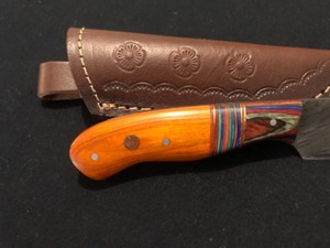 lot 6 image: Multi-Colored Custom Wood Handle Damascus Steel Knife