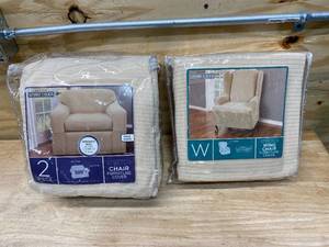 lot 38 image: ZENNA HOME Reeves Stretch Natural 2-Piece Chair Slipcover and Reeves Stretch 1-Piece Natural Wing Chair Slipcover