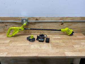 lot 82 image: RYOBI ONE 18-Volt Lithium-Ion Cordless String Trimmer with Battery and Charger