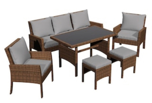 lot 85 image: 6-Piece PE Wicker Outdoor Patio Sectional Sofa with Gray Cushions and Dining Table
