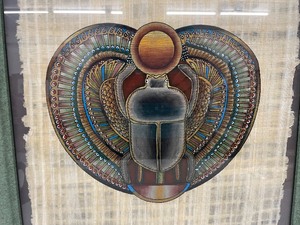 lot 139 image: Vintage Framed Egyptian Papyrus Scarab Painting