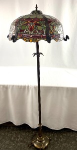 lot 48 image: Stunning Floor Lamp w Glass Shade Accented w Dragon Figural