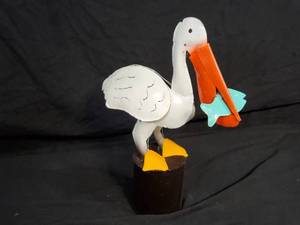 New Recycled Metal Garden Art Pelican with Fish