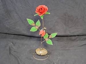 New Recycled Metal Garden Art Rose with Ladybud with Rock