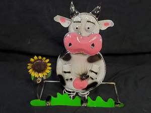 New Recycled Metal Garden Art Cow with Sunflower on Spring