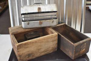 Tackle box and 2 old wood boxes