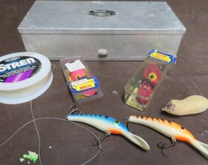 lot 32 image: UMICO MODEL B11 ALUMINUM DOUBLE SIDED TACKLE BOX.  FULL OF NEW AND OLD TACKLE