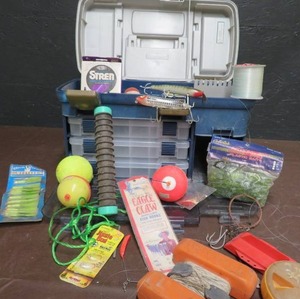 lot 34 image: LARGE PLANO TACKLE BOX WITH NEW  OLD TACKLE