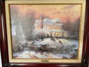lot 70 image: Victorian Christmas II Framed Art by Thomas Kinkade w Light and Ornate Frame