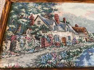 lot 77 image: Vintage Embroidered Cottage River Scene Framed Art