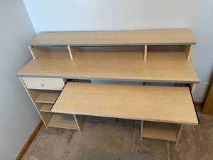 lot 227 image: Wooden Desk With Metal Accents, Pull Out Shelf, Two Adjustable Shelves & One Drawer