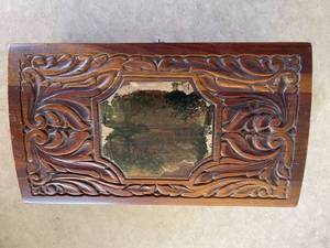 lot 246 image: Vintage Wooden Dresser Top Jewelry Box With Mirror