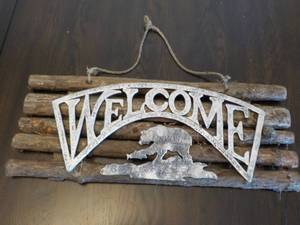 Welcome Bear Catching Fish on Wood ...
