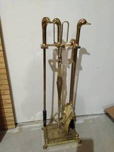 lot 144 image: Brass Fireplace Tool Set And Candle Holders