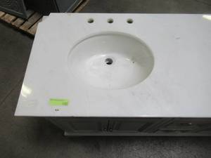 lot 422 image: Home Decorators Collection Sadie 67 in. W x 21.5 in. D Vanity in Dove Grey with Marble Vanity Top in Natural White with White Basin
