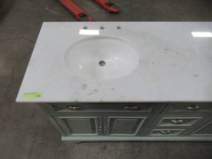 lot 424 image: Home Decorators Collection Sadie 67 in. W x 21.5 in. D Vanity in Antique Light Cyan with Marble Vanity Top in Natural White with White Basins MD-V1836