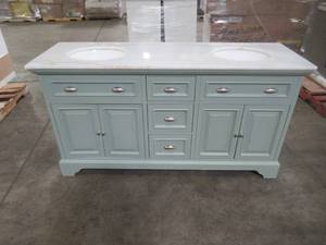 lot 410 image: Home Decorators Collection Sadie 67 in. W x 21.5 in. D Vanity in Antique Light Cyan with Marble Vanity Top in Natural White with White Basins MD-V1836