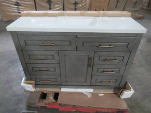 lot 411 image: Home Decorators Collection Grovehurst 48 in. W x 34.5 in. H Bath Vanity in Antique Grey with Engineered Stone Vanity Top in White with White Basin HDC48DGV